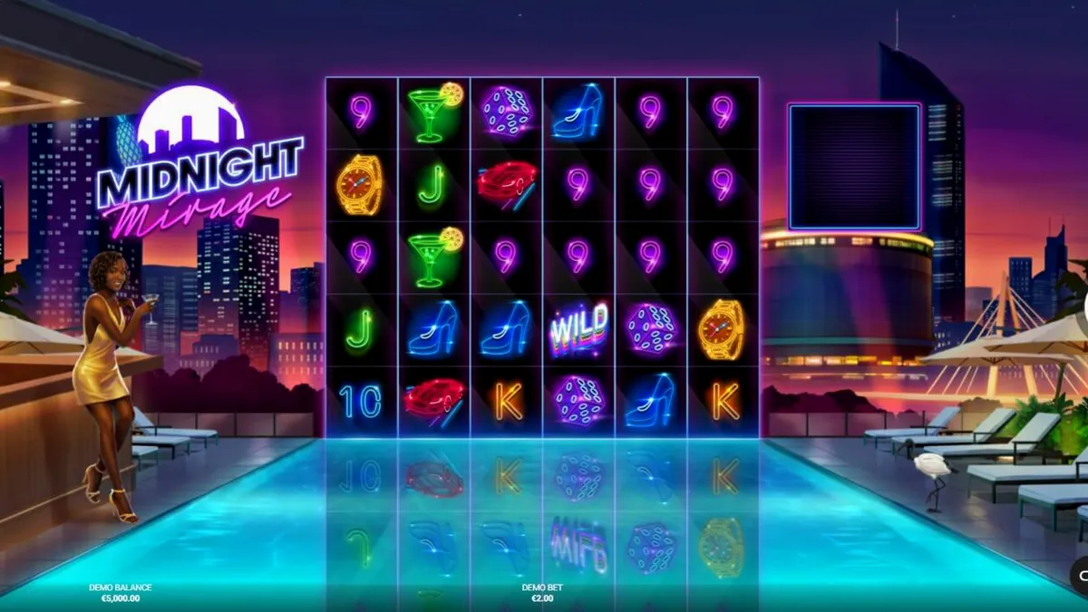 Tampilan visual neon dan mewah dari slot Midnight Mirage