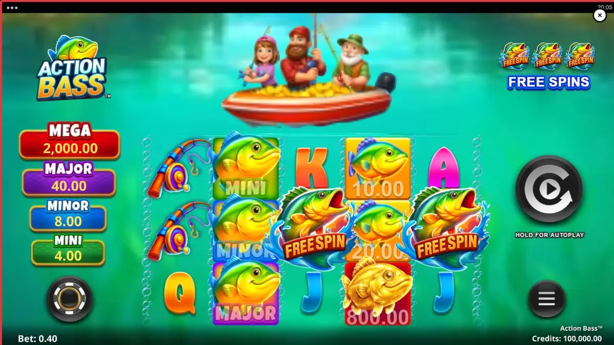 Tampilan visual slot Action Bass dengan latar belakang danau yang tenang dan simbol bertema memancing.